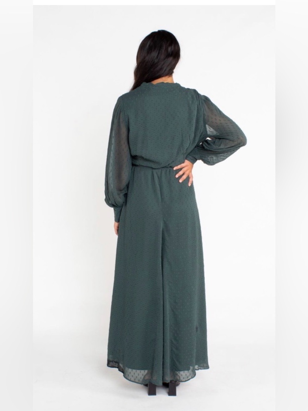 Elegant Dark Green Wrap Maxi Dress with Sheer Bishop Sleeves - Picture 2 of 9